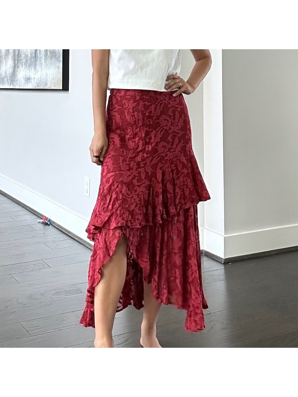 Sundance Red Lace High Low Ruffle Skirt Size Small